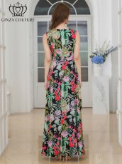 画像3: [ XS-Lサイズ / 1カラー][ERUKEI/GINZA COUTURE]プリント・リゾート柄・花柄・サテン・切替・ハイウエスト・Aライン・ロングドレス[送料無料] (3)