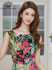 画像4: [ XS-Lサイズ / 1カラー][ERUKEI/GINZA COUTURE]プリント・リゾート柄・花柄・サテン・切替・ハイウエスト・Aライン・ロングドレス[送料無料] (4)