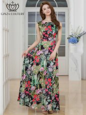画像5: [ XS-Lサイズ / 1カラー][ERUKEI/GINZA COUTURE]プリント・リゾート柄・花柄・サテン・切替・ハイウエスト・Aライン・ロングドレス[送料無料] (5)