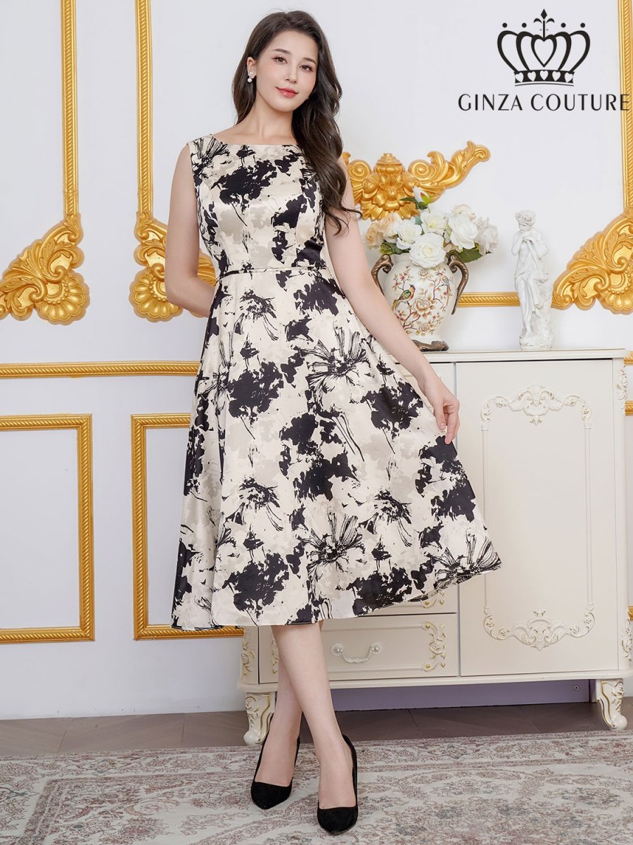 画像1: [ERUKEI/GINZA COUTURE]花柄・プリント・サテン・ノースリーブ・切替・Aライン・ミディアムドレス・ワンピース[送料無料] (1)
