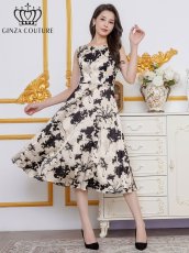画像3: [ERUKEI/GINZA COUTURE]花柄・プリント・サテン・ノースリーブ・切替・Aライン・ミディアムドレス・ワンピース[送料無料] (3)