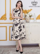 画像9: [ERUKEI/GINZA COUTURE]花柄・プリント・サテン・ノースリーブ・切替・Aライン・ミディアムドレス・ワンピース[送料無料] (9)