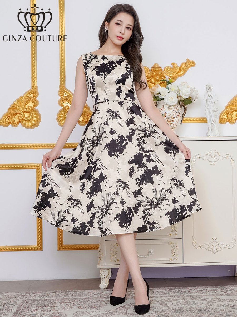 画像11: [ERUKEI/GINZA COUTURE]花柄・プリント・サテン・ノースリーブ・切替・Aライン・ミディアムドレス・ワンピース[送料無料] (11)