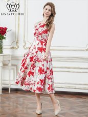 画像4: [ERUKEI/GINZA COUTURE]花柄・プリント・サテン・ノースリーブ・切替・Aライン・ミディアムドレス・ワンピース[送料無料] (4)