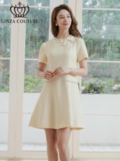 画像2: [ERUKEI/GINZA COUTURE]アイボリー・リボン・半袖・ラインストーン・フェイクポケット・Aライン・ミニドレス・ワンピース[送料無料] (2)