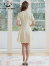 画像3: [ERUKEI/GINZA COUTURE]アイボリー・リボン・半袖・ラインストーン・フェイクポケット・Aライン・ミニドレス・ワンピース[送料無料] (3)