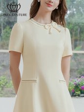 画像4: [ERUKEI/GINZA COUTURE]アイボリー・リボン・半袖・ラインストーン・フェイクポケット・Aライン・ミニドレス・ワンピース[送料無料] (4)