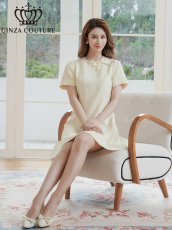 画像6: [ERUKEI/GINZA COUTURE]アイボリー・リボン・半袖・ラインストーン・フェイクポケット・Aライン・ミニドレス・ワンピース[送料無料] (6)