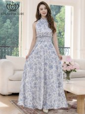 画像1: [ XS-Lサイズ / 2カラー][ERUKEI/GINZA COUTURE]花柄・プリント・サテン・首元フリル・ウエストマーク・マキシ・アメリカンスリーブ・Aライン・ロングドレス[送料無料] (1)