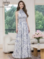 画像2: [ XS-Lサイズ / 2カラー][ERUKEI/GINZA COUTURE]花柄・プリント・サテン・首元フリル・ウエストマーク・マキシ・アメリカンスリーブ・Aライン・ロングドレス[送料無料] (2)