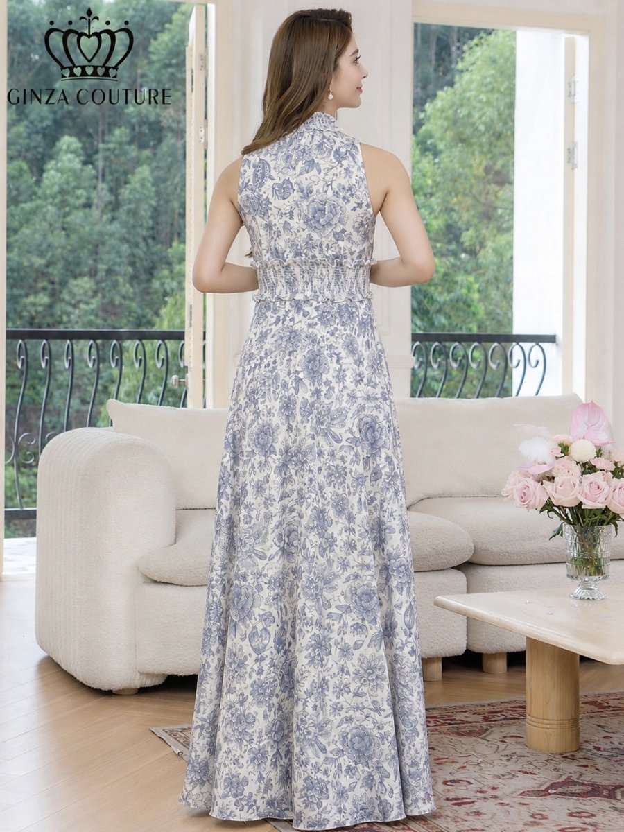 画像3: [ XS-Lサイズ / 2カラー][ERUKEI/GINZA COUTURE]花柄・プリント・サテン・首元フリル・ウエストマーク・マキシ・アメリカンスリーブ・Aライン・ロングドレス[送料無料] (3)