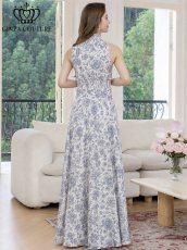 画像3: [ XS-Lサイズ / 2カラー][ERUKEI/GINZA COUTURE]花柄・プリント・サテン・首元フリル・ウエストマーク・マキシ・アメリカンスリーブ・Aライン・ロングドレス[送料無料] (3)