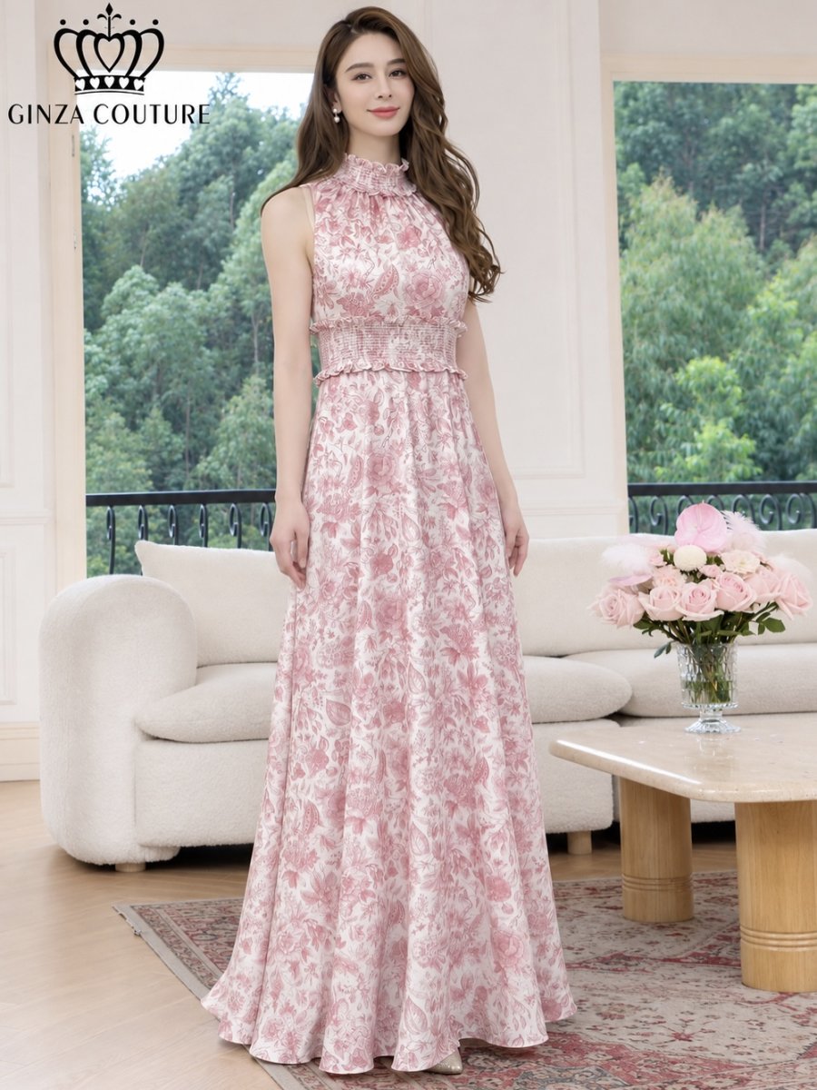 画像8: [ XS-Lサイズ / 2カラー][ERUKEI/GINZA COUTURE]花柄・プリント・サテン・首元フリル・ウエストマーク・マキシ・アメリカンスリーブ・Aライン・ロングドレス[送料無料] (8)