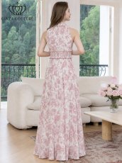 画像9: [ XS-Lサイズ / 2カラー][ERUKEI/GINZA COUTURE]花柄・プリント・サテン・首元フリル・ウエストマーク・マキシ・アメリカンスリーブ・Aライン・ロングドレス[送料無料] (9)