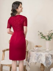 画像4: [ERUKEI]レッド・半袖・Vネック・タイト・レース・フリル・ミニドレス・ワンピース[送料無料] (4)