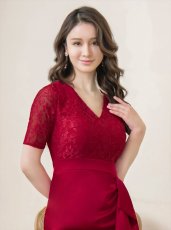 画像5: [ERUKEI]レッド・半袖・Vネック・タイト・レース・フリル・ミニドレス・ワンピース[送料無料] (5)