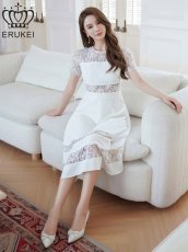 画像1: [ERUKEI]ホワイト・ブラック・総レース・半袖・Aライン・上品・ひざ下・ミディアムドレス・ワンピース[送料無料] (1)