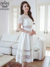 画像2: [ERUKEI]ホワイト・ブラック・総レース・半袖・Aライン・上品・ひざ下・ミディアムドレス・ワンピース[送料無料] (2)