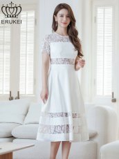 画像6: [ERUKEI]ホワイト・ブラック・総レース・半袖・Aライン・上品・ひざ下・ミディアムドレス・ワンピース[送料無料] (6)