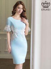 画像1: [ERUKEI]ブルー・五分袖・ウエストレース・タイト・ミニドレス・ワンピース[送料無料] (1)