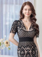 画像10: [ERUKEI]ブラック・ホワイト・ワインレッド・半袖・総レース・タイト・Vネック・ミニドレス・ワンピース[送料無料] (10)