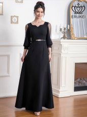 画像1: [ERUKEI]ブラック・７分袖・パフスリーブ・シースルー・Aライン・ベルト付き・ロングドレス[送料無料] (1)
