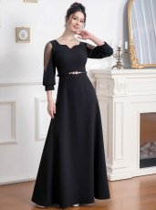 画像2: [ERUKEI]ブラック・７分袖・パフスリーブ・シースルー・Aライン・ベルト付き・ロングドレス[送料無料] (2)