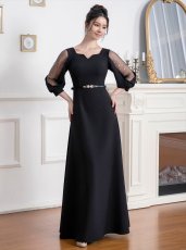 画像3: [ERUKEI]ブラック・７分袖・パフスリーブ・シースルー・Aライン・ベルト付き・ロングドレス[送料無料] (3)