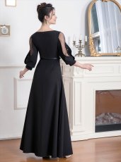 画像4: [ERUKEI]ブラック・７分袖・パフスリーブ・シースルー・Aライン・ベルト付き・ロングドレス[送料無料] (4)