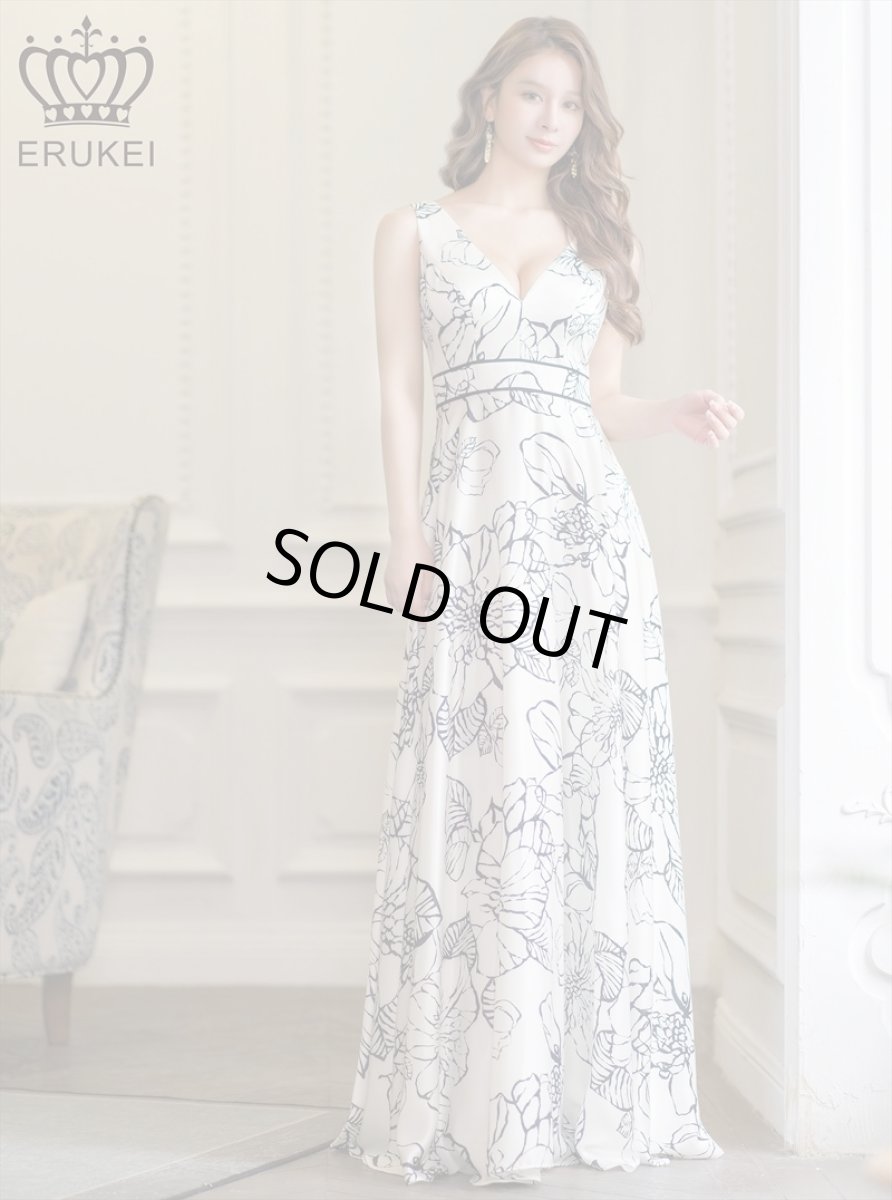 画像2: [ERUKEI]ノースリーブ・イエロー・ホワイトブラック・花柄・プリント・Vネック・ロングドレス[黒木麗奈着用]《送料＆代引き手数料無料》 (2)