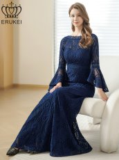 画像18: [ERUKEI] ホワイト・ワインレッド・ネイビー・レッド・総レース・ベルスリーブ・Aライン・エレガント・ロングドレス[山崎みどり着用][送料無料]mywh (18)