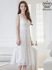 画像4: [ERUKEI]ブラック・ホワイト・ピンク・ノースリーブ・レース・Vネック・切替・Aライン・ミディアムドレス・ワンピース[送料無料] (4)