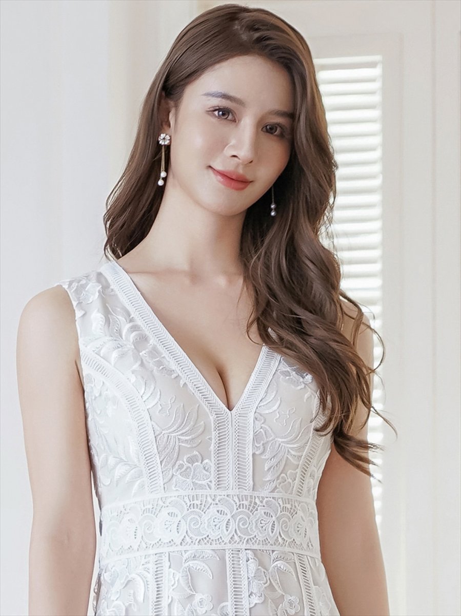 画像8: [ERUKEI]ブラック・ホワイト・ピンク・ノースリーブ・レース・Vネック・切替・Aライン・ミディアムドレス・ワンピース[送料無料] (8)