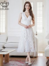 画像12: [ERUKEI]ブラック・ホワイト・ピンク・ノースリーブ・レース・Vネック・切替・Aライン・ミディアムドレス・ワンピース[送料無料] (12)