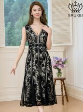 画像1: [ERUKEI]ブラック・ホワイト・ピンク・ノースリーブ・レース・Vネック・切替・Aライン・ミディアムドレス・ワンピース[送料無料] (1)
