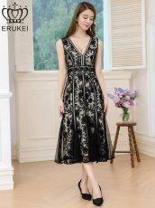 画像3: [ERUKEI]ブラック・ホワイト・ピンク・ノースリーブ・レース・Vネック・切替・Aライン・ミディアムドレス・ワンピース[送料無料] (3)