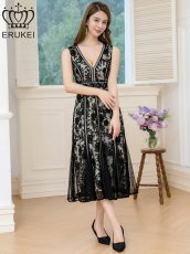 画像9: [ERUKEI]ブラック・ホワイト・ピンク・ノースリーブ・レース・Vネック・切替・Aライン・ミディアムドレス・ワンピース[送料無料] (9)