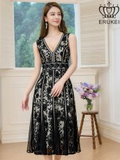 画像11: [ERUKEI]ブラック・ホワイト・ピンク・ノースリーブ・レース・Vネック・切替・Aライン・ミディアムドレス・ワンピース[送料無料] (11)