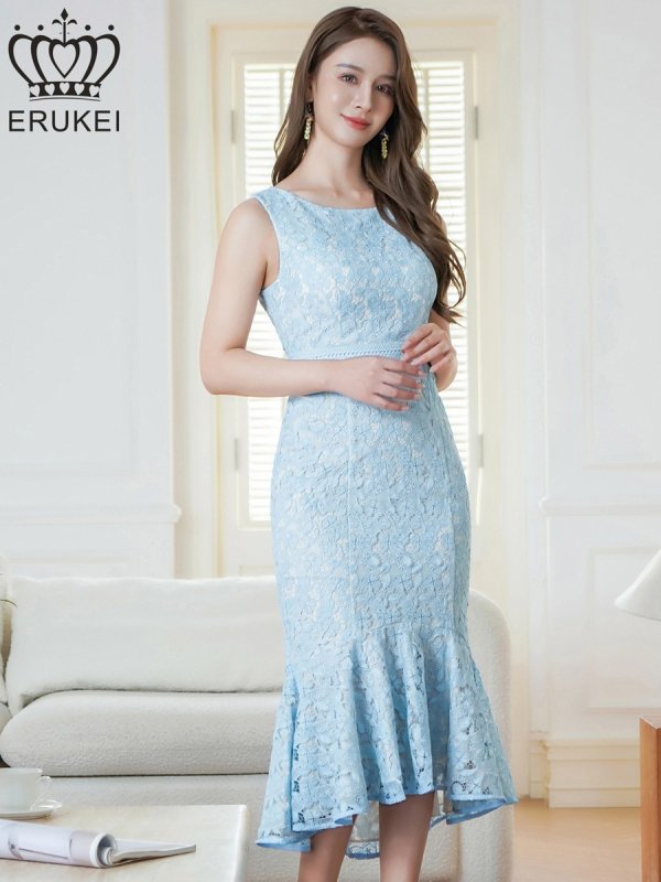 ERUKEI ノースリーブ レースドレス ネイビー E2603 ERUKEI]ネイビー・ブルー・ピンク・ホワイト・総レース・ノースリーブ