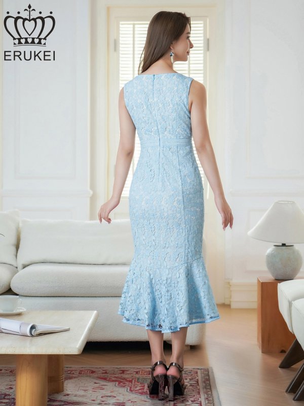 ERUKEI ノースリーブ レースドレス ネイビー E2603 ERUKEI]ネイビー・ブルー・ピンク・ホワイト・総レース・ノースリーブ