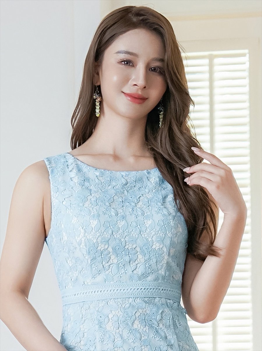 画像14: [ERUKEI]ネイビー・ブルー・ピンク・ホワイト・総レース・ノースリーブ・マーメイド・ミディアムドレス・ワンピース[送料無料] (14)