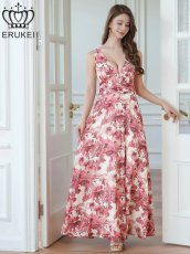 画像1: [ERUKEI]ホワイト×レッド・フラワープリント・Aライン・Vネック・ノースリーブ・ハイウエスト・ロングドレス[送料無料] (1)