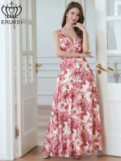 画像2: [ERUKEI]ホワイト×レッド・フラワープリント・Aライン・Vネック・ノースリーブ・ハイウエスト・ロングドレス[送料無料] (2)