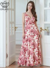 画像5: [ERUKEI]ホワイト×レッド・フラワープリント・Aライン・Vネック・ノースリーブ・ハイウエスト・ロングドレス[送料無料] (5)