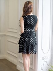 画像4: [ERUKEI]ブラック×ホワイト・ドット・プリント・Vネック・ノースリーブ・ティアード・ミニドレス・ワンピース[送料無料] (4)