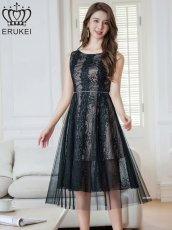 画像1: [ERUKEI]ブラック・総レース・ビーズ・Aライン・ノースリーブ・ミディアムドレス・ワンピース[送料無料] (1)