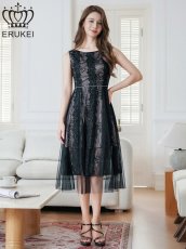 画像5: [ERUKEI]ブラック・総レース・ビーズ・Aライン・ノースリーブ・ミディアムドレス・ワンピース[送料無料] (5)