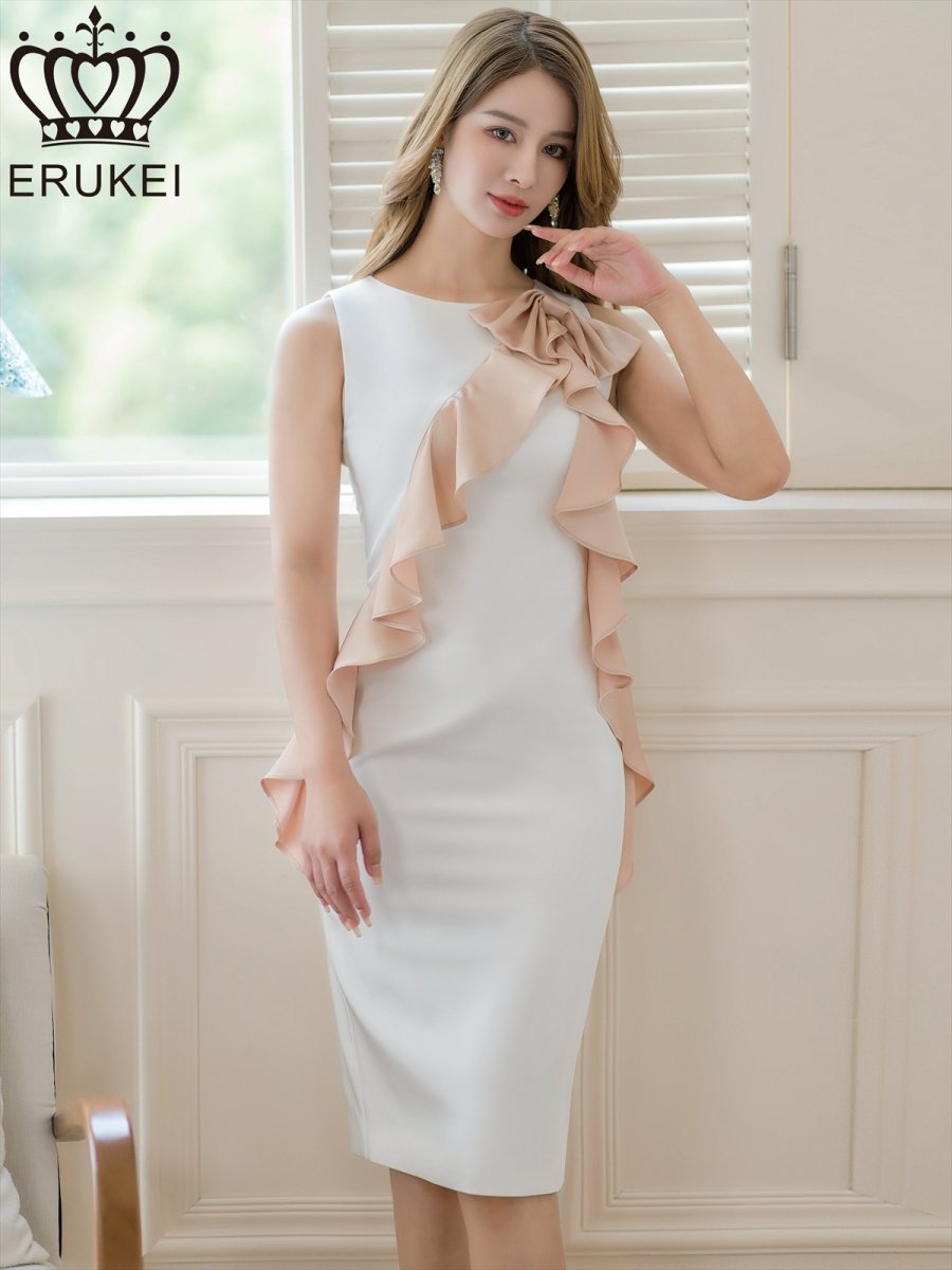 画像1: [ERUKEI]ホワイトxベージュ・ブラックxグレー・ノースリーブ・バイカラー・リボン・ミディアムドレス・ワンピース[送料無料] (1)