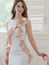 画像3: [ERUKEI]ホワイトxベージュ・ブラックxグレー・ノースリーブ・バイカラー・リボン・ミディアムドレス・ワンピース[送料無料] (3)