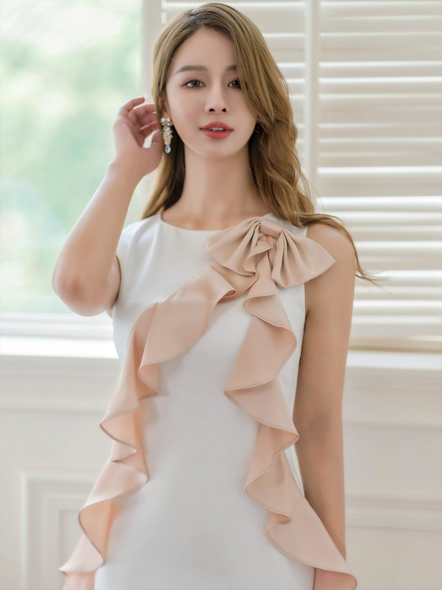 画像7: [ERUKEI]ホワイトxベージュ・ブラックxグレー・ノースリーブ・バイカラー・リボン・ミディアムドレス・ワンピース[送料無料] (7)